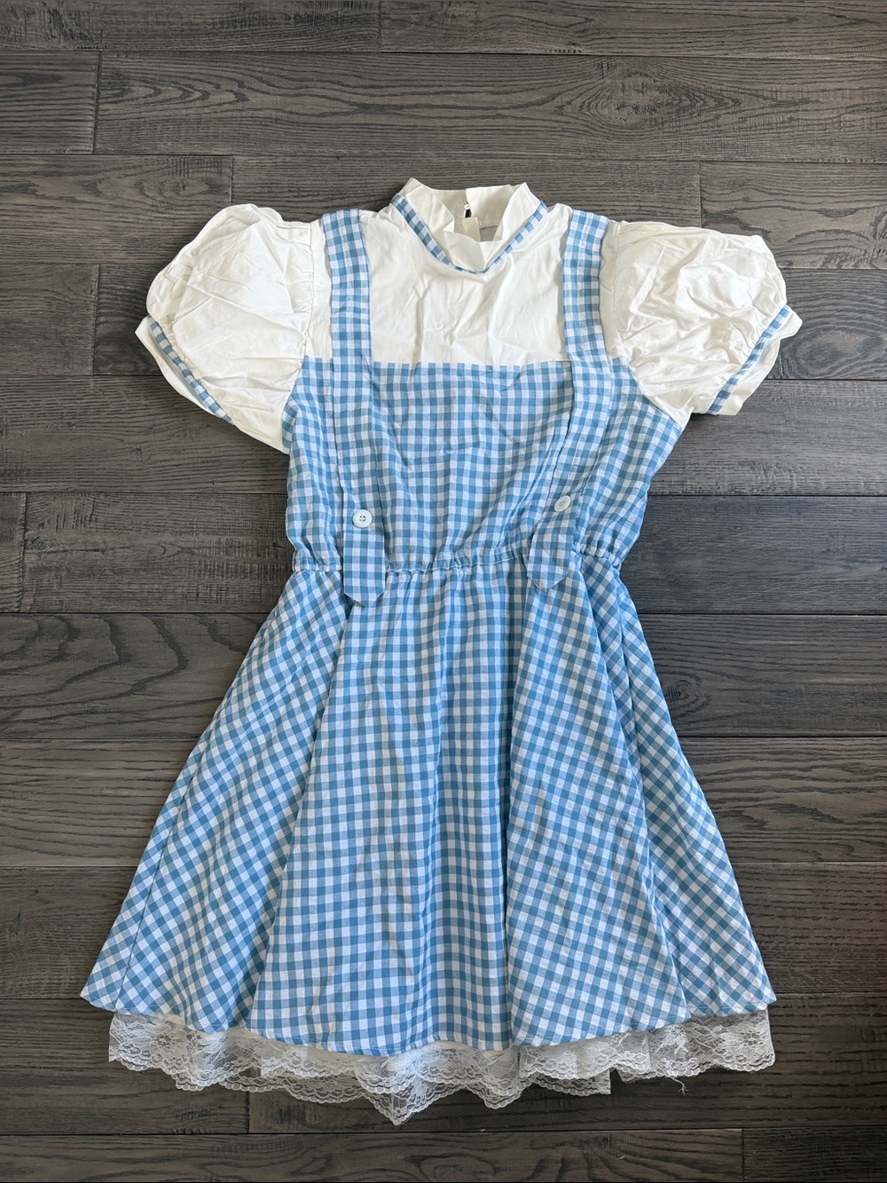 Blue Gingham Pinafore Dress with White Puff Sleeve Blouse